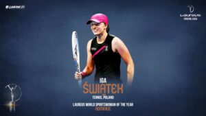 Iga Świątek, liderka rankingu WTA tenisistek, do nagrody Laureusa została nominowana trzeci rok z rzędu. Grafika Laureus World Sports Awards