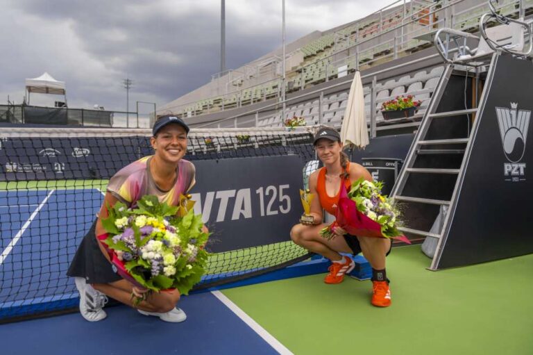 Weronika Falkowska i Czeszka Dominika Salkova zwyciężyły w piątek w grze podwójnej turnieju WTA 125 T-Mobile Polish Open – Narodowy Puchar Polski 2025. Fot. Michał Jędrzejewski