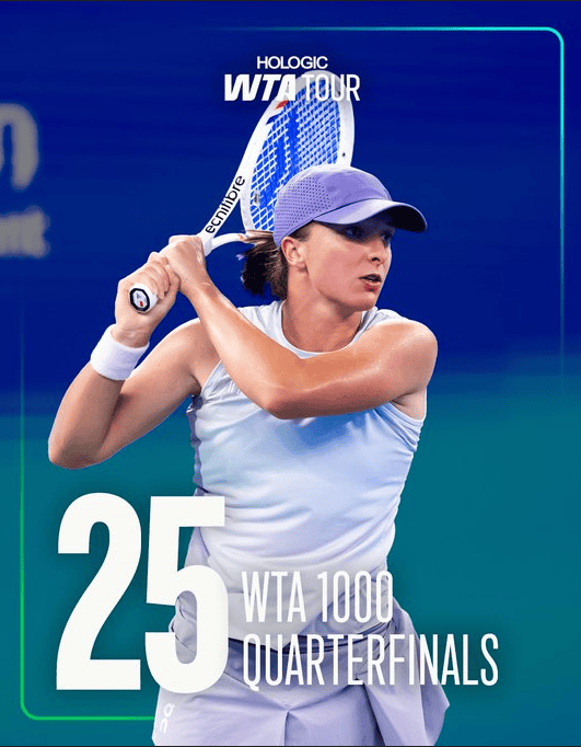 Iga Świątek wygrywając z Belindą Bencic dotarła do 25. ćwierćfinału turnieju WTA rangi 1000 w karierze. Fot. Wuhan Open 2025/WTA Tour