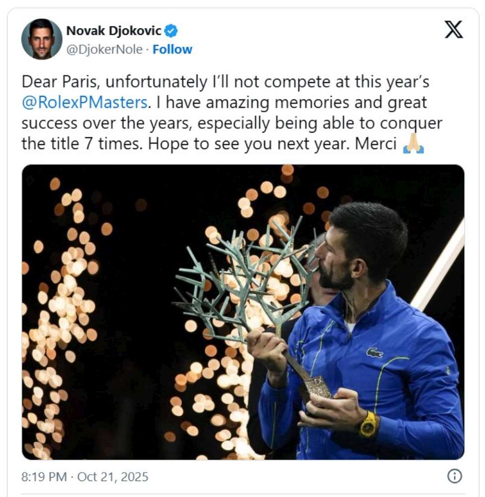Novak Djoković to absolutny rekordzista paryskiego turnieju, zwyciężał w stolicy Francji aż siedem razy. Fot. Rolex Paris Masters/ATP Tour
